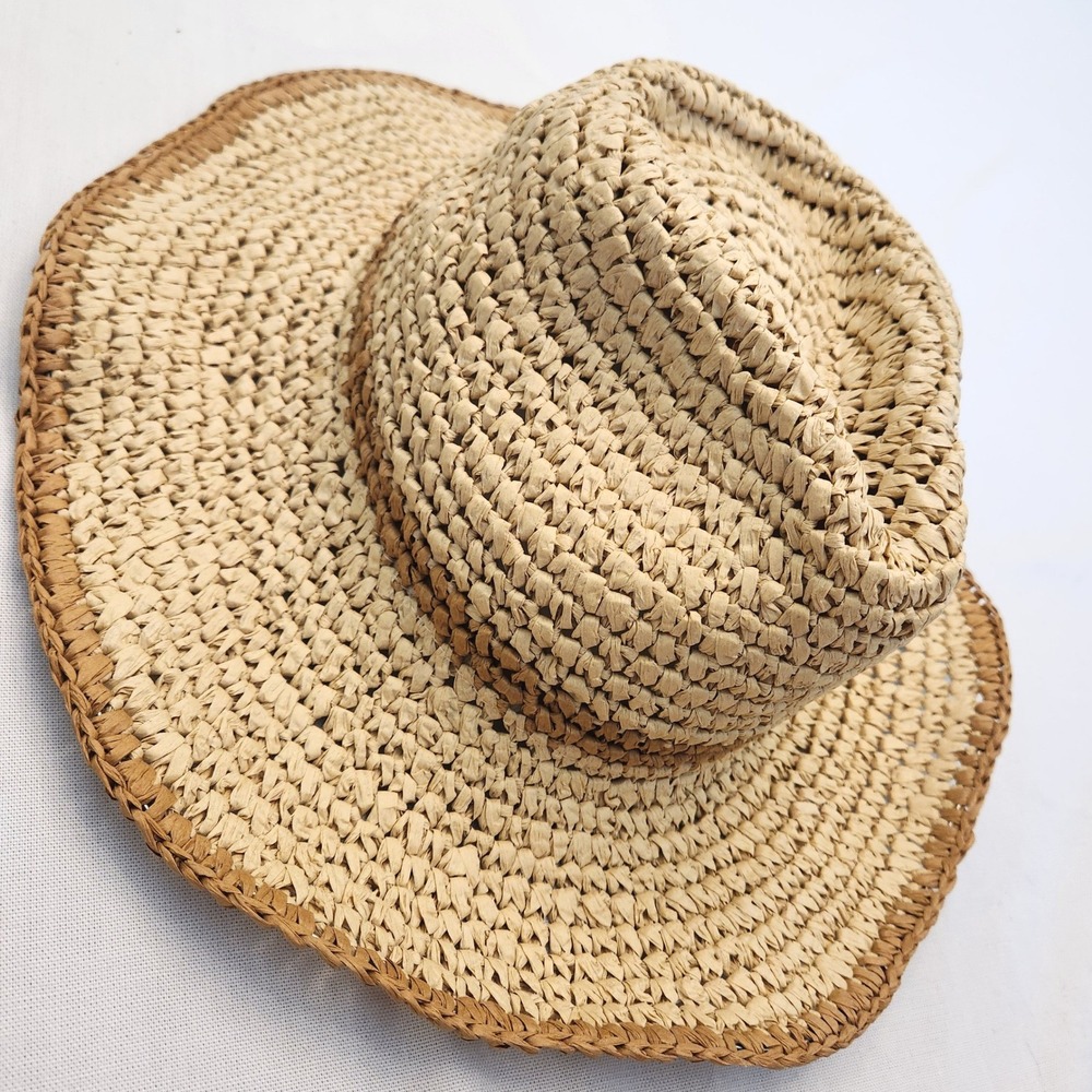 ASOS Straw Cowboy Sun Hat Beige Brown Trim Adjustable Fit Summer Beach Bendable